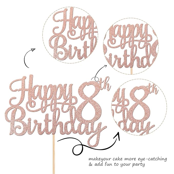 1 PCS Happy 8th Birthday Cake Topper Glitter Cheers to 8 Years Cake Pick Number 8 Fabulous Cake Decoration for 8th Birthday Party Decorations Supplies Rose Gold