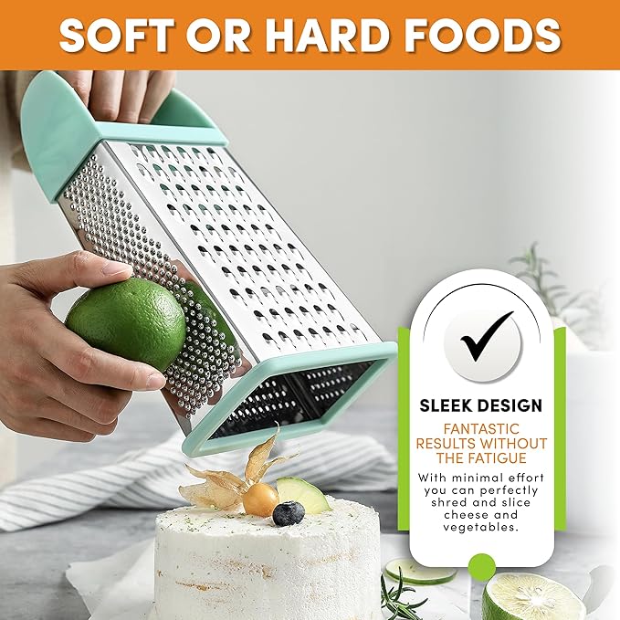 Spring Chef Professional 10" Stainless Steel Parmesan Cheese Grater with Handle, 4 Sided Handheld Box Grater, Kitchen Potato Shredder for Hash Browns, Hard Cheese, Ginger, Vegetables, Carrot - Mint