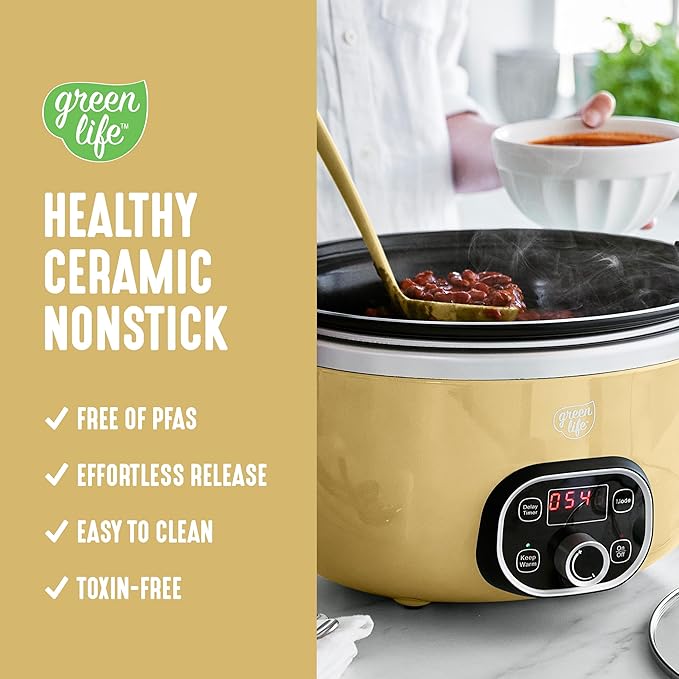 GreenLife 6QT Slow Cooker, Non-Toxic PFAS-Free Ceramic Nonstick Removable Interior Bowl, Programmable, Family Friendly, Keep Warm, Stovetop & Oven Safe, Dishwasher Safe Parts, Timer, Glass Lid, Yellow