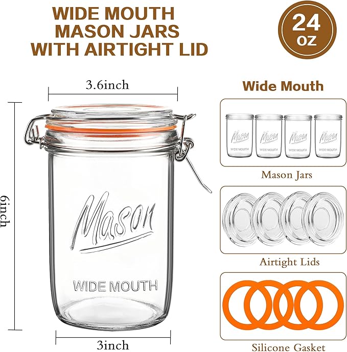 24oz Wide Mouth Mason Jars – 4 Pack Glass Jars with Airtight Lids for Canning, Pickling, Meal Prep, Jam, Jelly, Overnight Oats & DIY Projects
