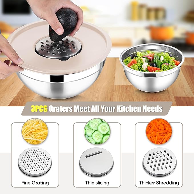 E-far Stainless Steel Mixing Bowls with Lids Set, 5-Piece Nesting Salad Bowls with 3 Grater Attachments and Non-Slip Bottoms, Size 4.6, 2.6, 2, 1.5, 1QT for Kitchen (Khaki)