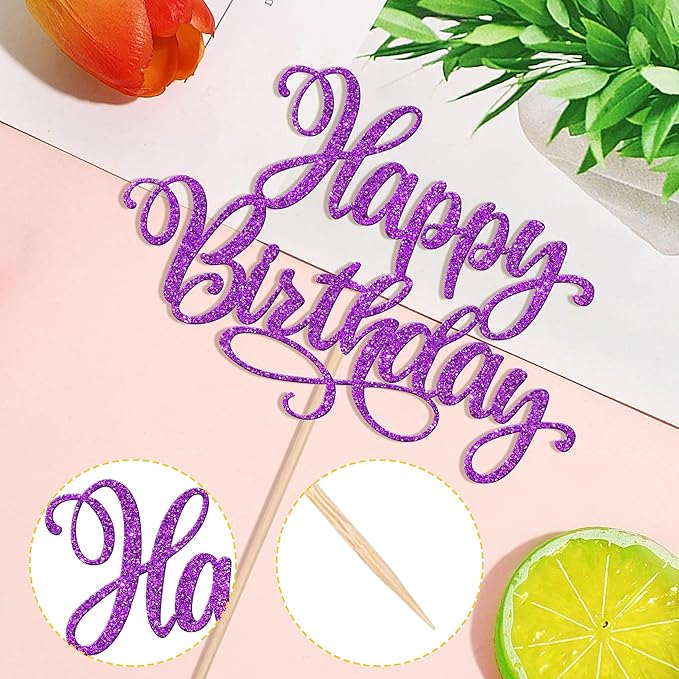 ZHUOWEISM 1 PCS Happy Birthday Cake Topper Glitter Happy Birthday Cake Pick for Celebrating Happy Birthday Anniversary Party Cake Decorations Supplies Purple