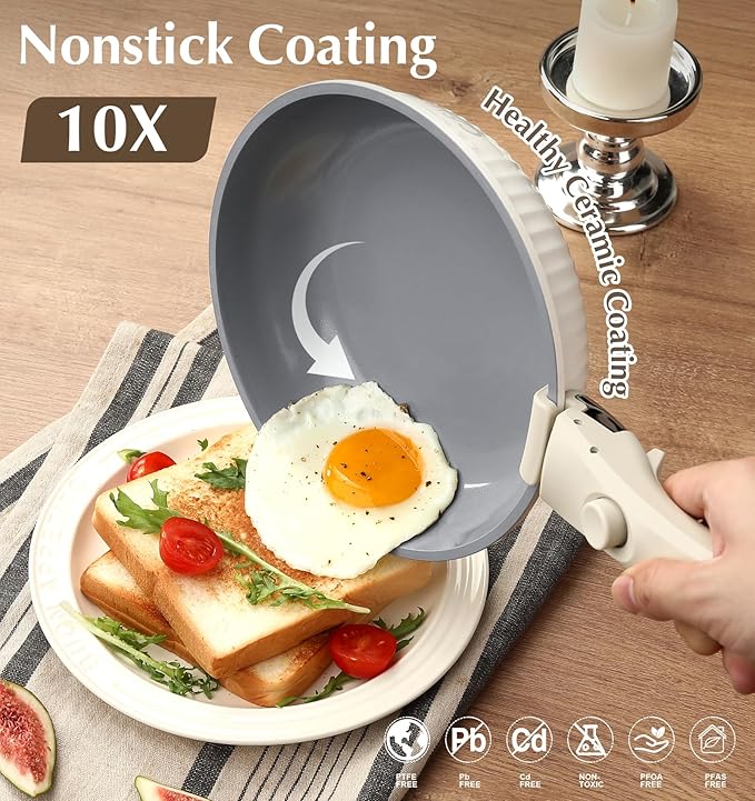 KOCH SYSTEME CS 17pcs Pots and Pans Set Non Stick, Nonstick Ceramic Cookware Set Detachable Handle, Induction Kitchen Pot and Pan Set, Non Stick with Removable Handle, RV Cookware Set, Cream White