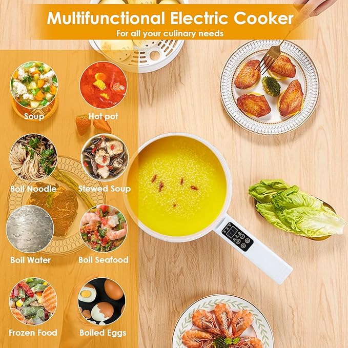Electric Hot Pot,1.8L Electric Cooker Steamer, Multifunctional Non-stick Pan,Suitable For Ramen, Steak, Egg,Rice, Oatmeal, Soup Smart Button, Gold