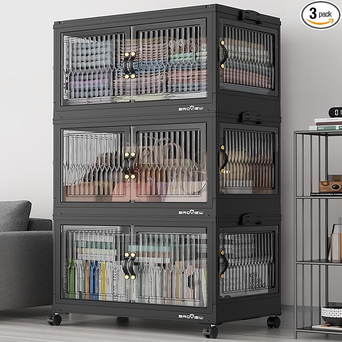 360QT Large Stackable Storage Bins with Lids, Plastic Closet Organizer and Storage Drawer, Collapsible Storage Box with Wheels, Folding Storage Cabinet with Doors for Home Kitchen, 3Pack Black