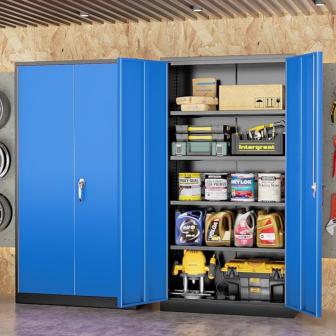 INTERGREAT Storage Cabinet, 72” Steel Locking Closet with Doors and 4 Adjustable Shelves, Tool Unit for Home Office, Garage & Tall Lockable File Cabinet, Black Blue.