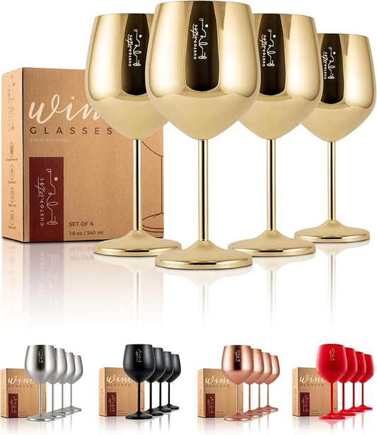 Gusto Nostro Stainless Steel Wine Glass - 18 oz Unbreakable Gold Wine Glasses for Travel, Camping and Pool - Fancy, Unique and Cute Portable Metal Wine Glass for Outdoor Events, Picnics (Set of 4)