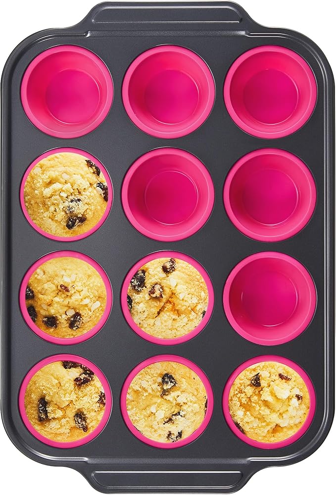 BRONYPRO Silicone Muffin Pans for Baking with Metal Frame, Egg Bite Molds, Cupcake Pans 12 Regular Size, Muffin Tins Easy to Pop Nonstick Non Toxic Bakeware for Oven,Rose Pink