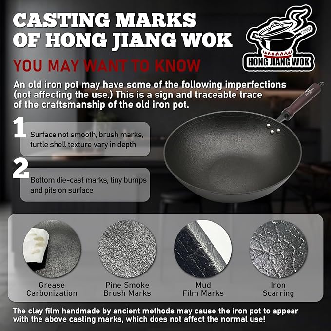 HONGJIANG Cast Iron Wok Pan, 11.8" Pre-Seasoned Flat Bottom Wok,Coating-Free Wok Stir Fry Pan With Glass Lid,Compatible Traditional Chinese Wok For Induction, Electric, Gas,Open Fire