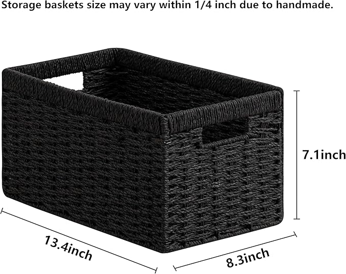 UBBCARE 3 Pack Wicker Basket, 13.4L×8.3H×7.1W inch Woven Paper Rope Storage Baskets for shelves, Foldable Rectangular Storage Baskets with Handle, Storage Basket for Organizing, Black