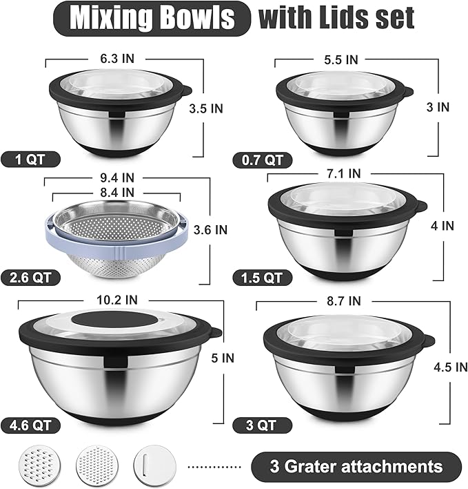E-far Mixing Bowls with Lids Set, 15PCS Stainless Steel Mixing Nesting Bowl with Colander & 3 Metal Grater for Kitchen Prep/Baking/Storage, Non-Slip Bottom & Airtight Lid, 4.6, 3, 1.5, 1, 0.7QT, Black