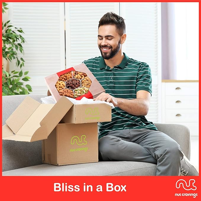 NUT CRAVINGS - Mixed Nuts Gift Basket in Red Gold Box (7 Assortments, 2 LB) Food Arrangement, Healthy Snack Care Package, Food Assortments