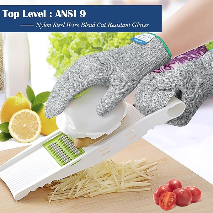 Dowellife Soft Level 9 Cut Resistant Gloves Food Grade, Steel Wire Mixed Kitchen Safety Gloves for Chef Oyster Shucking Mandoline Knife Butcher Meat Cutting Carving (Medium)