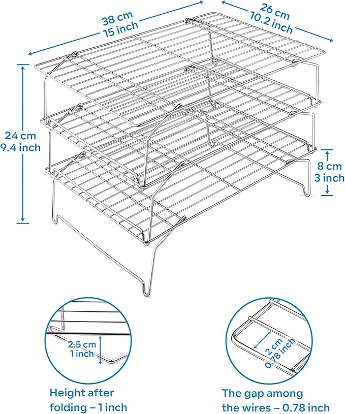15IN x 10IN Cooling Baking Rack Set of 3, Leonyo 3-Tier Stackable Stainless Steel Wire Baking Cooking Racks Set for Cookie, Pizza, Cup Cake, Raised & Folding Feet
