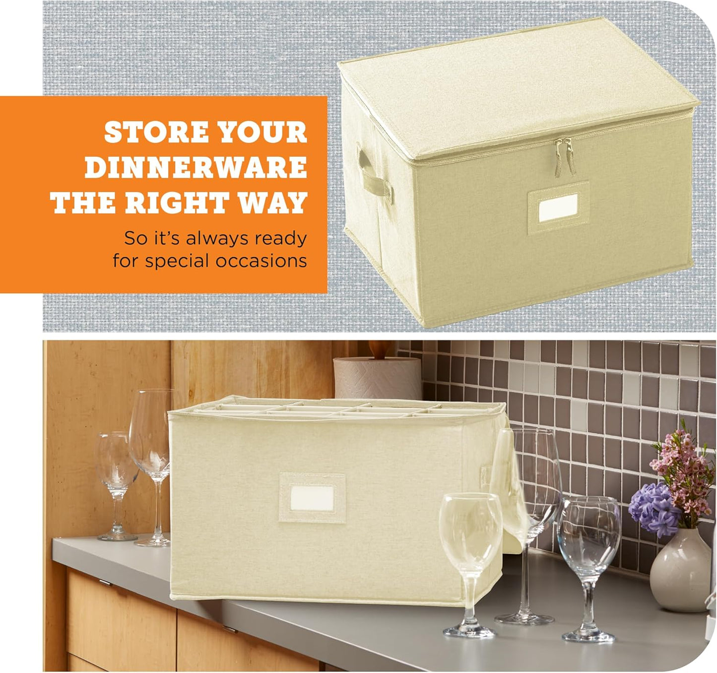 storageLAB Wine Glass Storage Containers, Hard Shell Organizer for Stemware and Glassware Sets, Stackable Wine Glass Storage Box with Dividers for Kitchen and Moving Supplies - 1 Pack, Cream