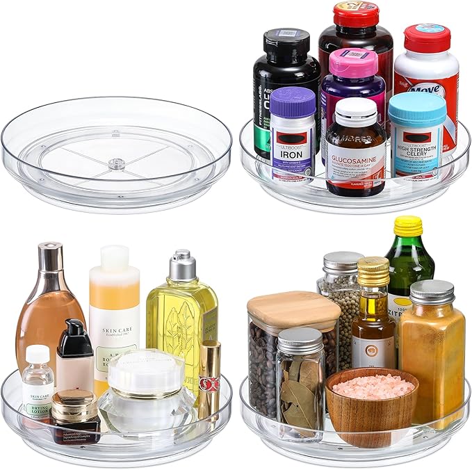 4 Pack 9 Inch Clear Acrylic Lazy Susan, Non-Skid Turntable Organizer for Cabinet, Kitchen, Pantry Organization Storage, Refrigerator, Vanity Makeup, Bathroom Countertop Organizing, Rotating Spice Rack