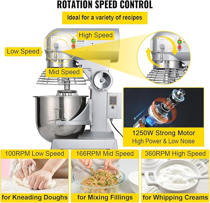 Happybuy 30Qt Commercial Food Mixer with Timing Function， Commercial Mixer 1250W Stainless Steel Bowl Heavy Duty Electric Food Mixer Commercial with 3 Speeds Adjustable, Perfect for Bakery Pizzeria