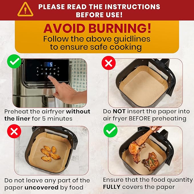 Air Fryer Paper Liners, 125Pcs Air Fryer Disposable Liners, Non-Stick and Oil Proof for Easy Cleanup, 8” Square for 5-8 qt Basket by Baker's Signature