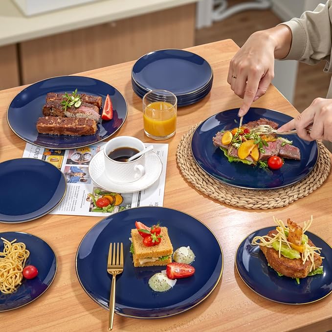 PULOTE 200 Pieces Blue Plastic Plates - Navy Blue and Gold Disposable - Include 100PCS 10 inch Dinner & 100PCS 7 inch Dessert Plate for Party