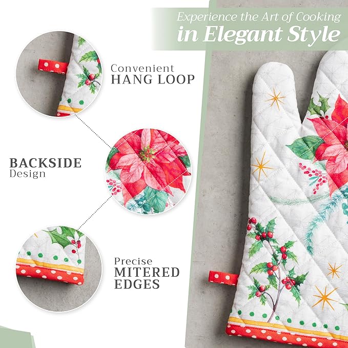 Maison d' Hermine Oven Gloves 100% Cotton Oven Mitt 7" x 13" with Loop Heat Resistant, BBQ, Cooking Gloves, Baking, Grilling, Kitchen, Handling Hot Pans (Pack of 1, Poinsettia Christmas)