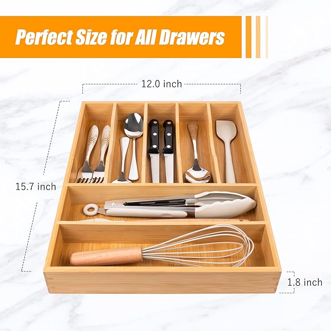 Bellsal Bamboo Silverware Drawer Organizer, Kitchen Utensil Drawer Organizers, 12"x15.7" Utensils Holder Cutlery Tray with Grooved Drawer Dividers for Kitchen Flatware Bedroom Office(7 Slot, Natural)