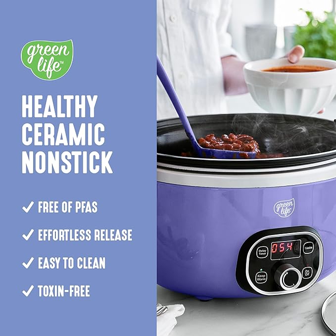 GreenLife 6 Quart Ceramic Slow Cooker, PFAS-Free, Programmable, Removable Healthy Nonstick Pot for Family Meals, Sear on Stovetop, Keep Warm, Digital Timer, Dishwasher Safe Glass Lid, Periwinkle