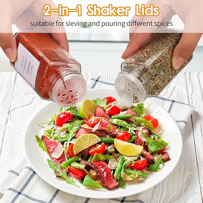 Spice Jars - 36 pieces, labeled spice jars with black metal lids, empty glass spice jar set, spice storage containers, kitchen set, ideal for organizing and storing food in the pantry.