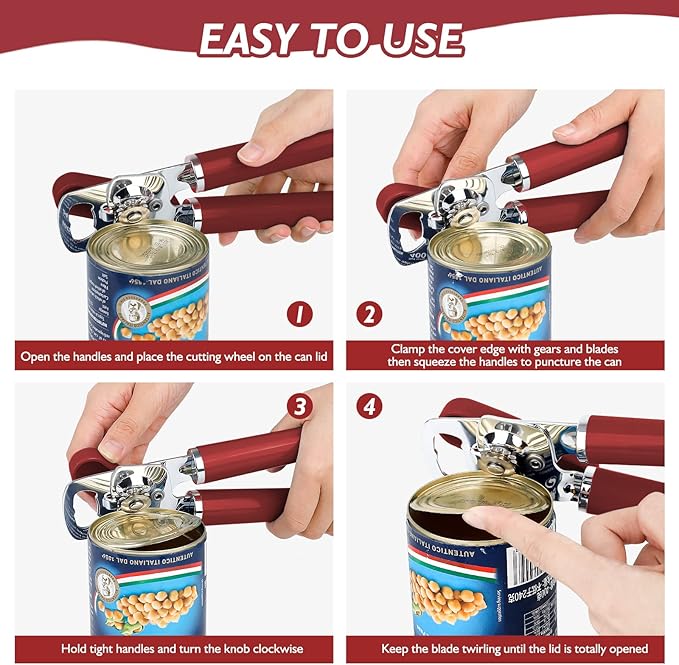 10 Colors Can Opener Manual Handheld Heavy Duty Hand Can Opener Smooth Edge Stainless Steel Can Openers Top Lid Kitchen Gadgets, Best Large Rated Easy Turn Knob, with Bottle Opener, Burgundy