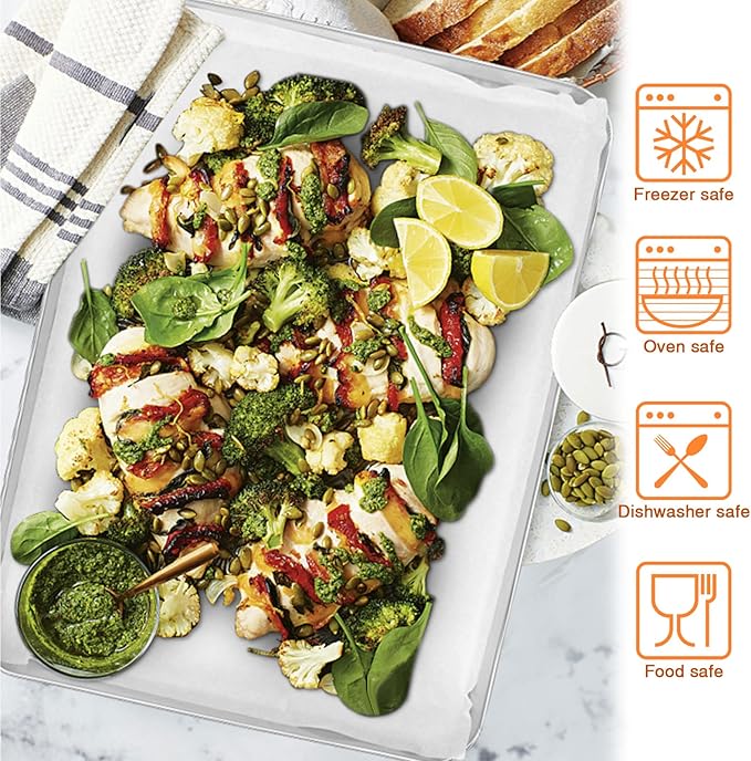 E-far Extra Large Baking Sheet, 20”x14” Stainless Steel Cookie Sheet Pan for Oven with 50 Parchment Paper, Rectangle Metal Baking Tray for Roasting, Rust Free & Heavy Duty, Dishwasher Safe-2 Pack