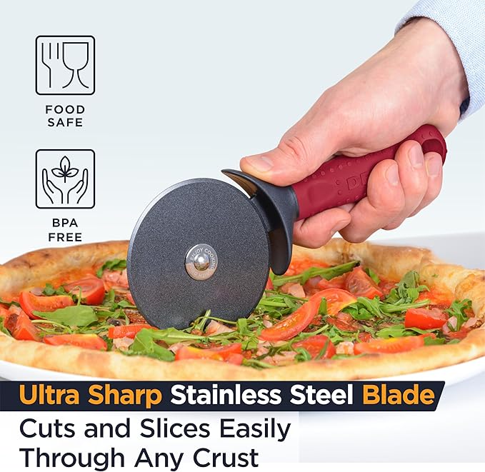 Deiss Lux Heavy Duty Pizza Cutter With Wheel Slicer- Stainless Steel Sharp Smooth Pizza Cutter Wheel With Easy Grip Non-Slip Handle, Dishwasher Safe (RED)
