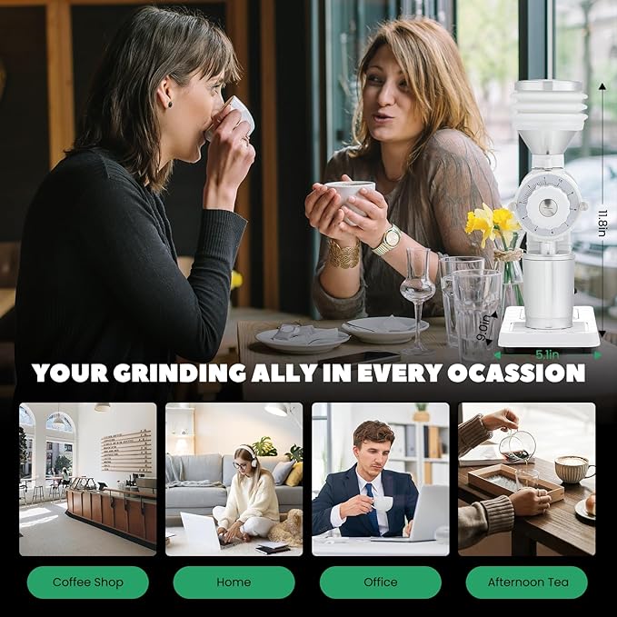 Huanyu Espresso Grinder with Titanium Flat Burr Electric Coffee Grinder with Hopper Bellows 10 Precise Grind Setting Coffee Grinders for Home Use White