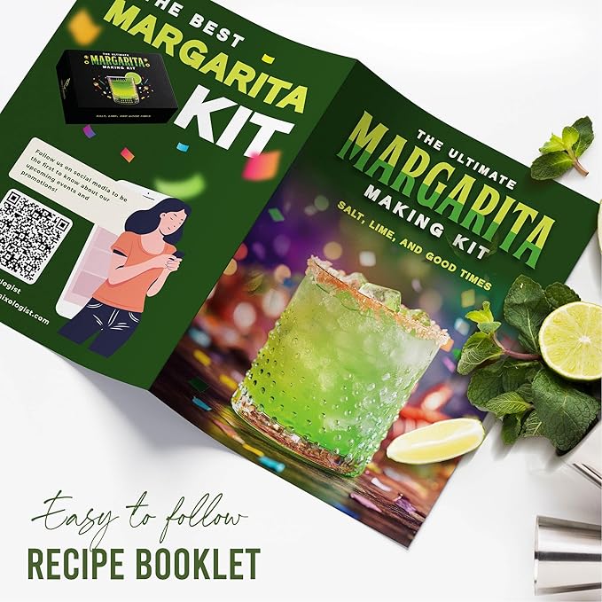 Margarita Kit Gift Set - 5 Botanicals - 2 Glasses - Stainless Steel Shaker & Jigger - Citrus Squeezer - Lime Infused Salt - Dried Lime - Recipe Book - Infusion Cocktail Kit - Basket Gift Set For Women