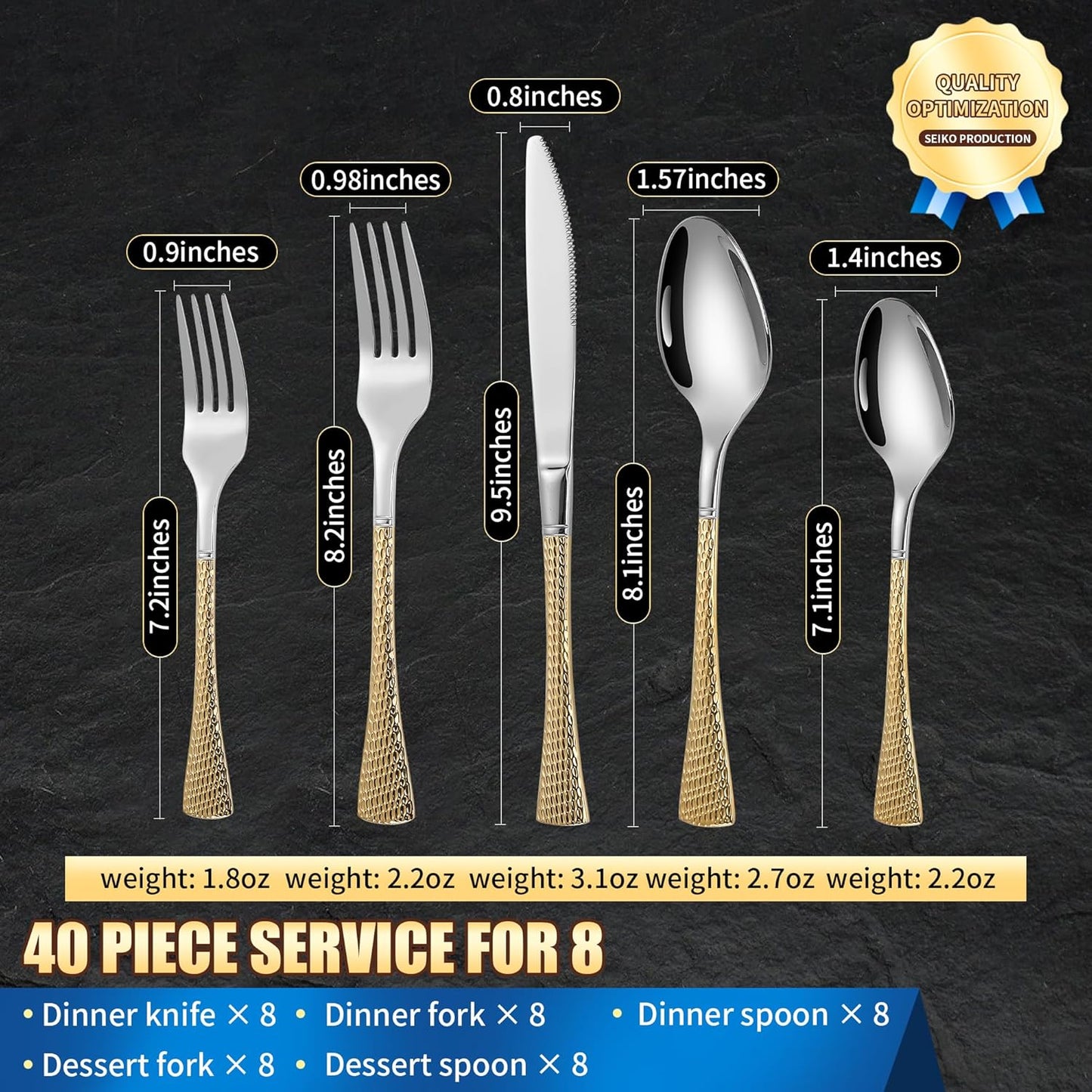 Hammered Silver Gold Silverware Set for 8,Stainless Steel 40-Piece Modern Cutlery Set,Mirror Polished Heavy Duty Flatware Set Utensil Set,Knives Spoons and Forks Set,Dishwasher Safe