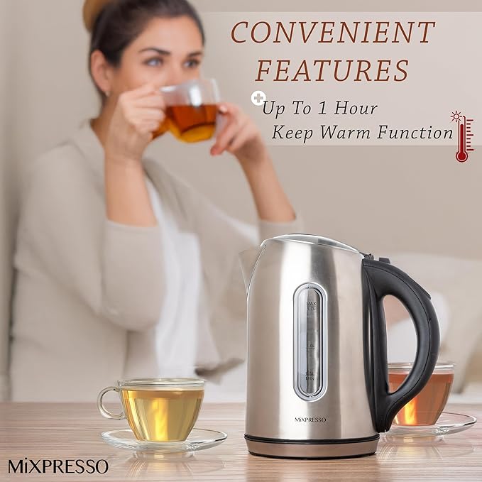 Mixpresso Stainless Steel Electric Kettle, Cordless 1.7L Electric Kettle Temperature Control,1500W Electric Tea Kettle with Viewing Window 2 Hr Keep Warm, Water Boiler with Auto-Off, Boil-Dry System