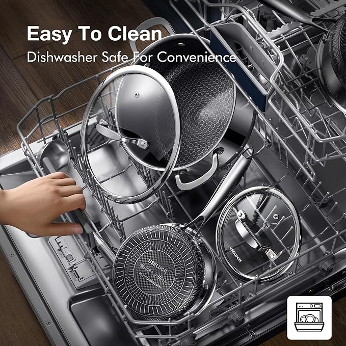 Hybrid Stainless Steel Pots and Pans Set Non Stick 10 Piece Tri-play Nonstick Cookware Sets Non-toxic Saute Pan with Tempered Glass Lids,Stay Cool Handles,Induction Dishwasher&Oven Safe