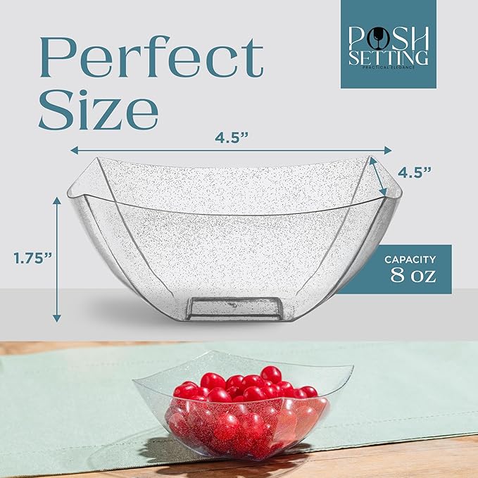 Posh Setting - Silver Glitter Plastic Serving Bowls for Party (8oz - 4 Pack) Square Bowls, Disposable Chip Bowls, Candy Bowls for Party Table, Salad Bowls for Party, Candy Containers for Candy Buffet