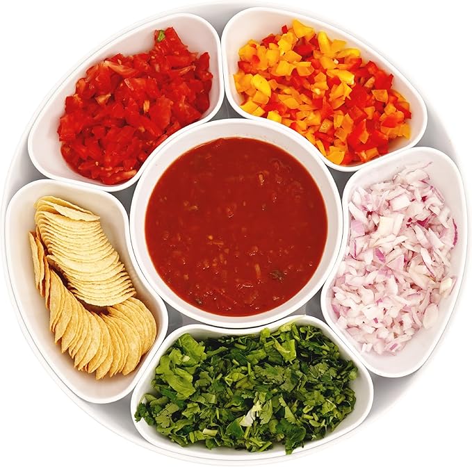 TP Taco Bar Serving Set, Melamine Serving Platter with Lazy Susan, Serving Tray and Bowls, Taco Tuesday Kit Snack Holder for Party and Fiesta, White