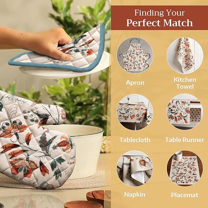 Maison d' Hermine 100% Cotton Oven Mitt & Pot Holder Set (7.5"x13" & 8"x8") Heat Resistant BBQ Cooking Gloves with Loop, Baking, Grilling, Kitchen, Handling Hot Pans (Dalida)