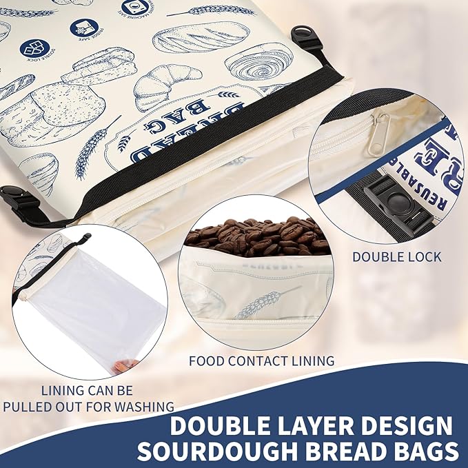 Bread Bags, 2 Packs Bread Bags for Homemade Bread, Reusable Zipper Sourdough Storage Bags for Keeping Loaf Fresh(Large, 16.5"*12.5")