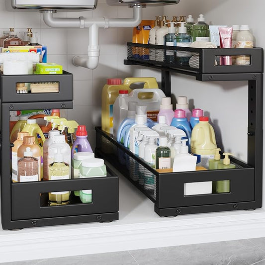 2 Pack 20.47IN Depth Under Sink Storage Organizer, Large 2-Tier Elegant Mesh Pull Out Shelf for Kitchen and Bathroom Cabinet Organization, L-Shaped and Adjustable Height Design-Black