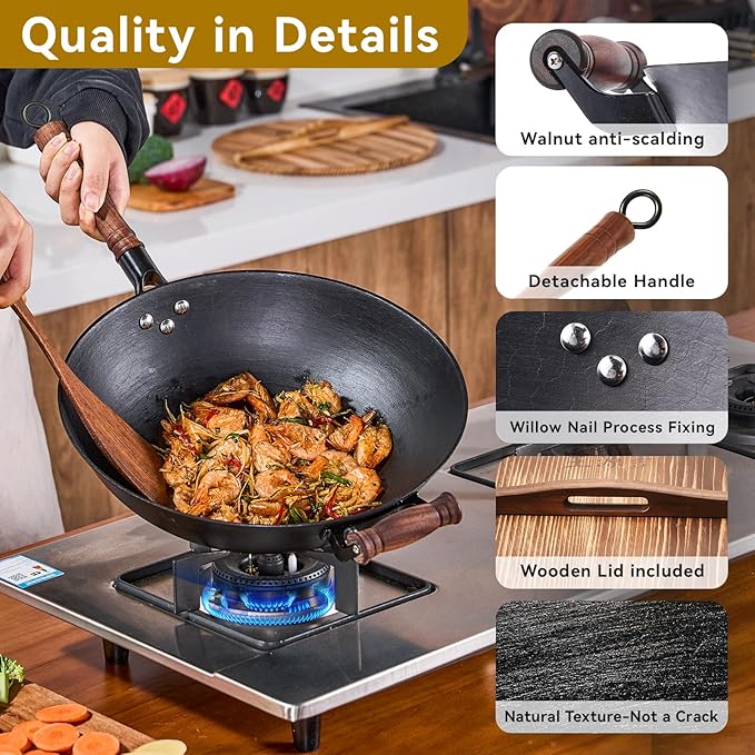 WANGYUANJI Cast Iron Pot,13.4 inch Craft Wok Chinese Wok,Flat Bottom Iron Woks with Lid,Fry Pan Suitable for Induction, Electric, Gas, Halogen All Stoves-Black