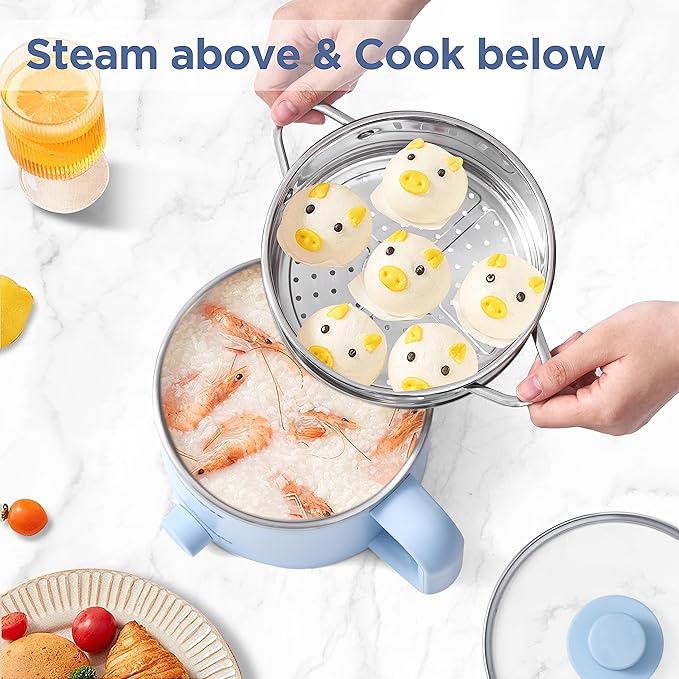 Topwit Hot Pot Electric with Steamer, 1.6L Ramen Cooker, Electric Pot for Pasta, Shabu-Shabu, Oatmeal, Soup and Egg, Portable Cooker with Dual Power Control, Dorm Room Essentials, Blue