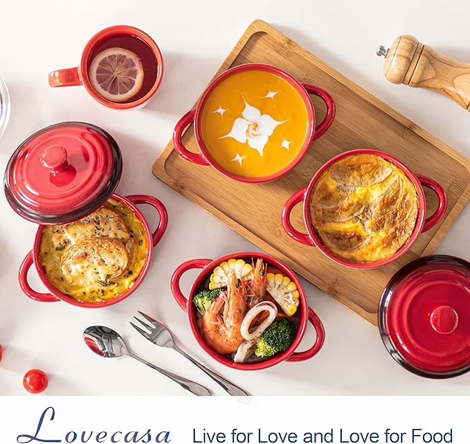 LOVECASA Mini Cocotte Set,12 OZ Small Casserole Dishes with Lids, Soup Bowls With Handles,Individual Baking Ramekins,Oven, Microwave & Dishwasher Safe,Set of 4,Red