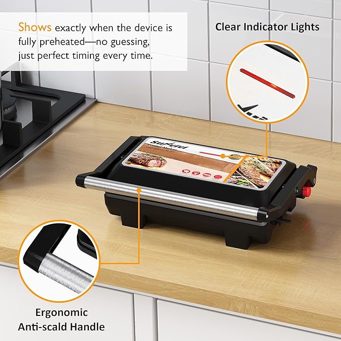 Sunvivi Panini Press Sandwich Maker: Electric Panini Press Grill with Locking Lid, Portable Indoor Panini Maker with Nonstick Plates, 1000W Double-sided Grill with 180° Flat Opening, Easy to Clean