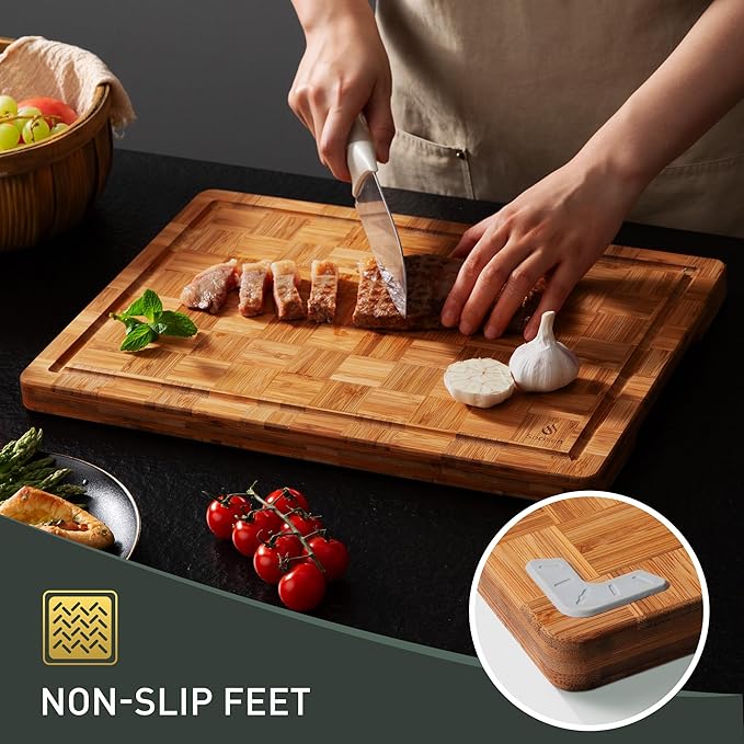 2 Pack Heavy Duty Bamboo Cutting Board Set Non Slip Over Sink Solid End Grain Thick Wood Chopping Board Extra Large Big Small Best Organic Hardwood Wooden Kitchen Essential New Home Housewarming Gift