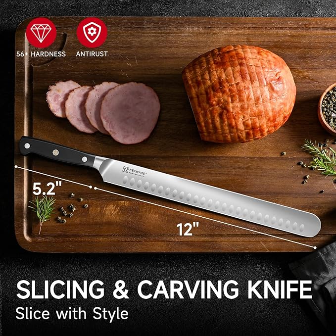 KEEMAKE Brisket Knife, 12" Carving Knife for Meat, Razor Sharp German Steel Kitchen Knives with Ergonomic Handle for BBQ Roasts Ribs Turkey Ham