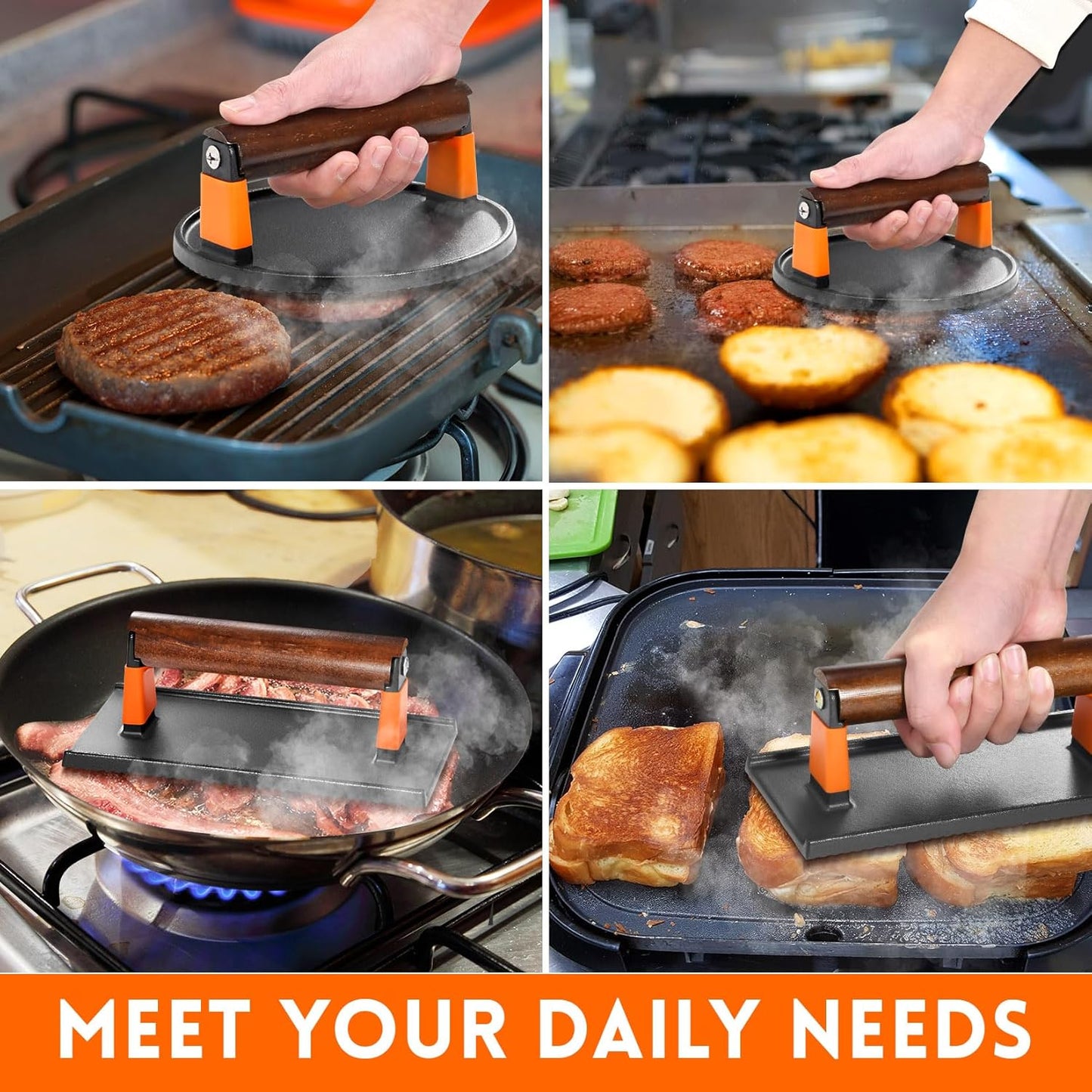 GGC Cast Iron Burger Press Kit, 7" Round and 8"x4" Rectangle Smash Burger Press Set for Grill and Griddle Cooking, 2PCS Meat Press with Wooden Handle for Bacon, Hamburgers, Eggs, Sandwiches