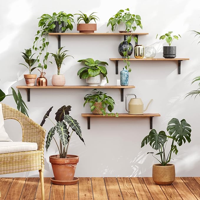 DINZI LVJ Long Wall Shelves, 39.4Inch Wall Mounted Shelves Set of 4, Extra Large Floating Storage Ledges with Sturdy Metal Brackets for Living Room, Bathroom, Bedroom, Kitchen, Rustic Brown