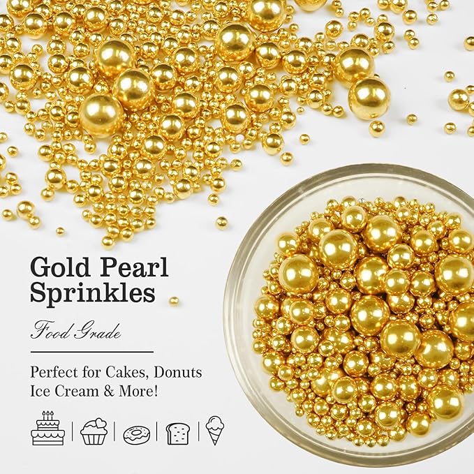 Gold Pearl Sprinkles for Cake Decorating, 150g/5.29oz, Mix Size, Edible Sugar Candy Pearls, Cake Decorations, Cupcake, Cookies, Ice cream Topper, Holiday, Wedding Party, Easter, Christmas Supplies