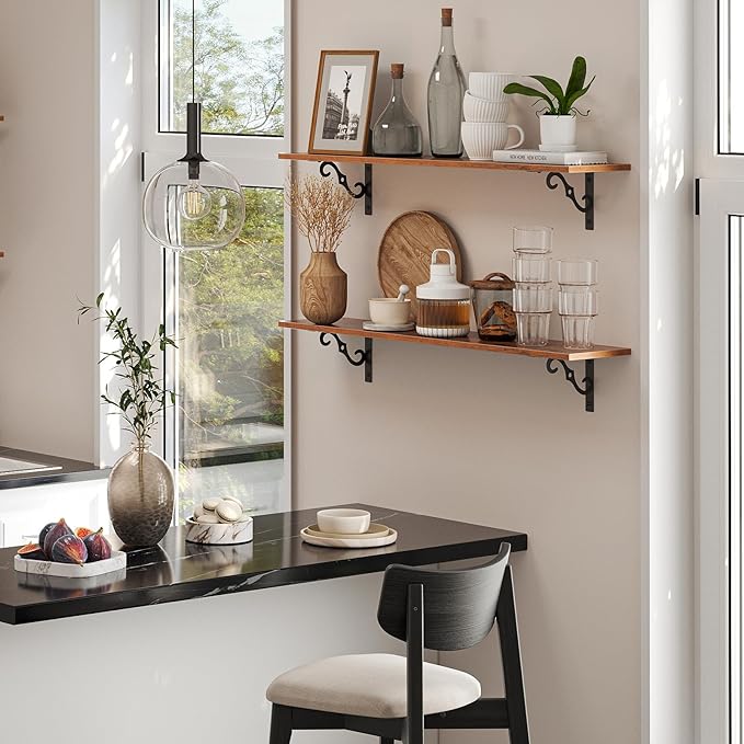 DINZI LVJ Long Wall Shelves, 31.5 Inch Large Floating Shelves Set of 2, Wide Display Shelf Wall Mounted with Brackets, Easy Hanging for Living Room, Toilet, Office, Bedroom, Rustic Brown